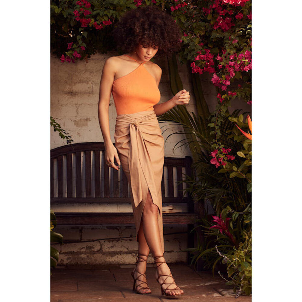 Lulus Take The Chance Tan Faux Wrap Midi Skirt Beige - Size S